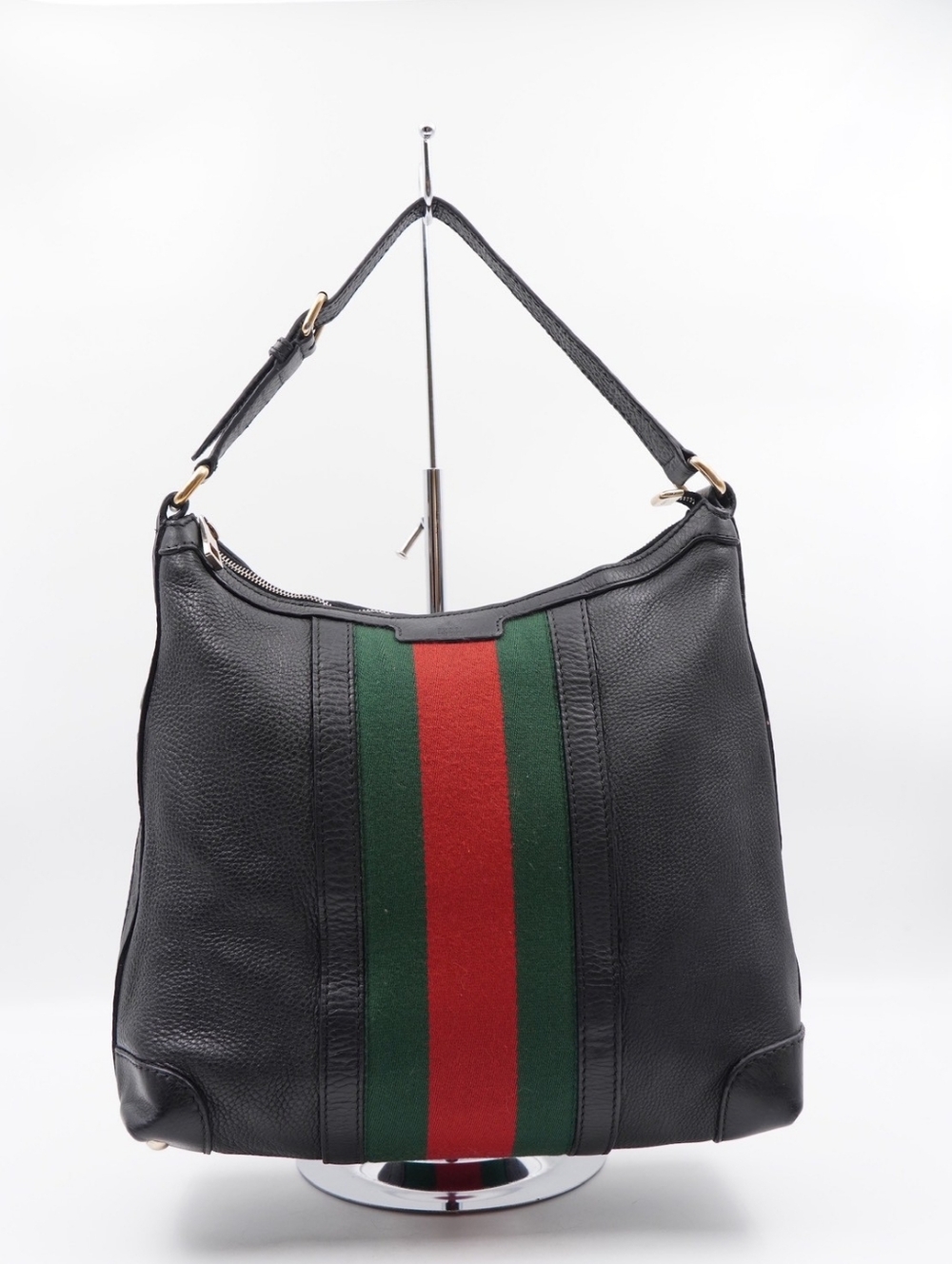 CG63 💗 Gucci Black Leather Red Green Stripe Hobo